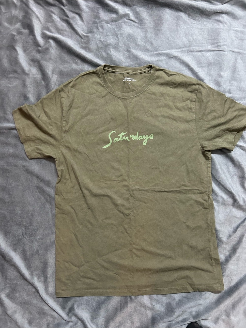 Saturdays New York City Olive Tee with Light Green Script